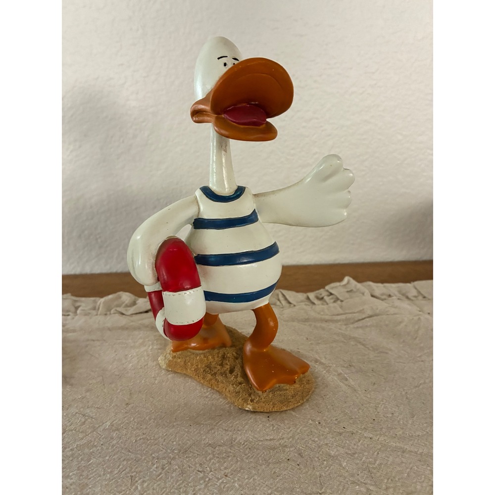 Nautical Sailor Duck Figurine with Life Ring Blue White Striped Beach Decor 8in